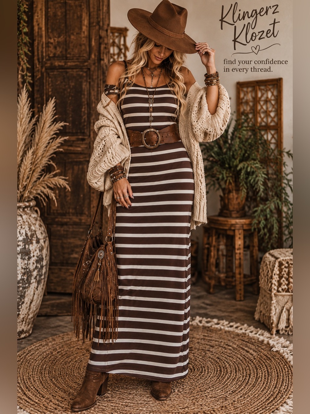 Missguided Brown & Cream Striped Maxi Dress | Size XL